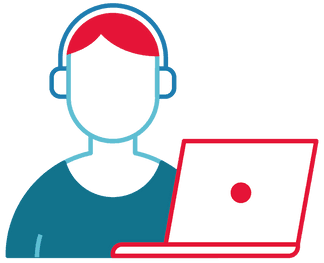 Icon graphic of worker with laptop and headset